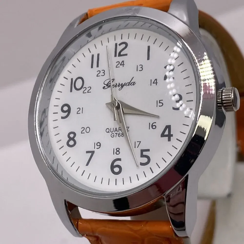 Womens Silver Tone Orange Watch Works New Battery